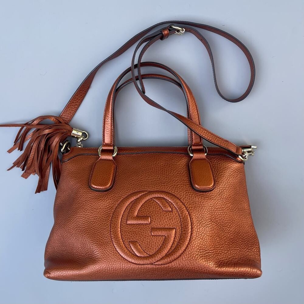 Gucci Metallic Burnt Orange Soho Medium Crossbody Bag Top Handle Tote Bag Disco